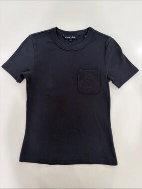 Veronica Beard Women’s Navy Blue Short Sleeve Pocket Tee with Embroidered Detail